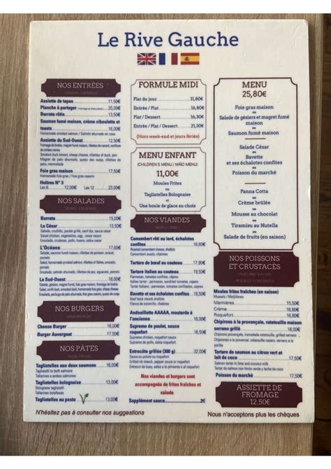 rive gauche menu with prices.